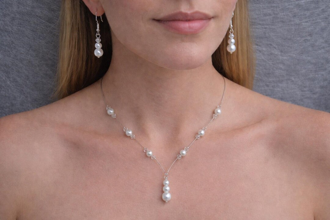Pearl Drop Necklace and Earrings Bridal Jewelry Set, Pearls and ...