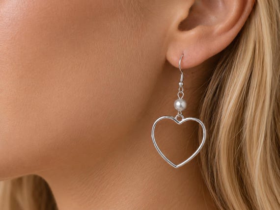 アクセサリー RILY Original Heart Earring Silver Big Heart Earrings, Large Hollow Silver Love Heart and Pearl Drop
