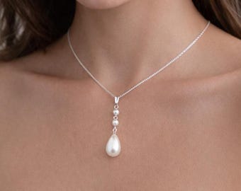 Long Drop Teardrop Pearl Necklace for Women Girls Brides Bridesmaids