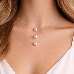 Elegante Multi Layered Perlenkette, drei Strang Choker, Dreifach Schicht Floating Invisible Illusion Minimalist Schmuck für Frauen Braut Geschenk