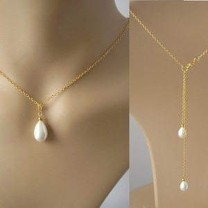 Bridal Back Necklace, Ivory or White Teardrop Pearl Backdrop Necklace for Women Brides Bridesmaids Wedding, Silver Gold or Rose Gold plated