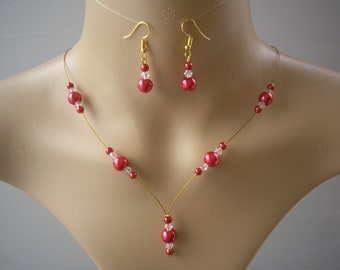 Rode parel- en kristallen ketting met druppelhangers en oorbellen-sieradenset