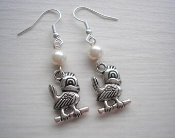 Perched Bird Earrings, Antique Silver Bird on Perch & Pearl Drop Dangle Earrings For Women Girls, Unique Holiday Gift, Personalized Gift