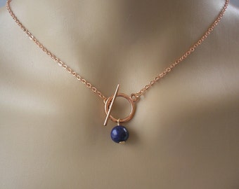 Gemstone Toggle Clasp Necklace, Front Fastening T-Bar Necklace with a Gemstone Drop on Silver Gold or Rose Gold plated chain