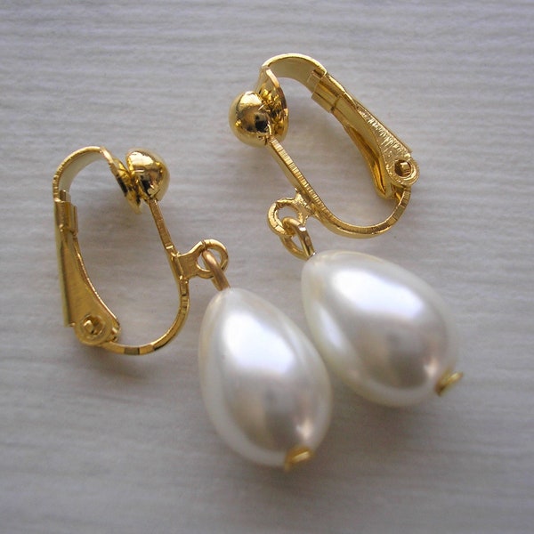 Boucles d'oreilles simples en forme de larme, boucles d'oreilles de mariée classiques pour elle, boucles d'oreilles pendantes en forme de perle sur clous ou clips en argent et or rose