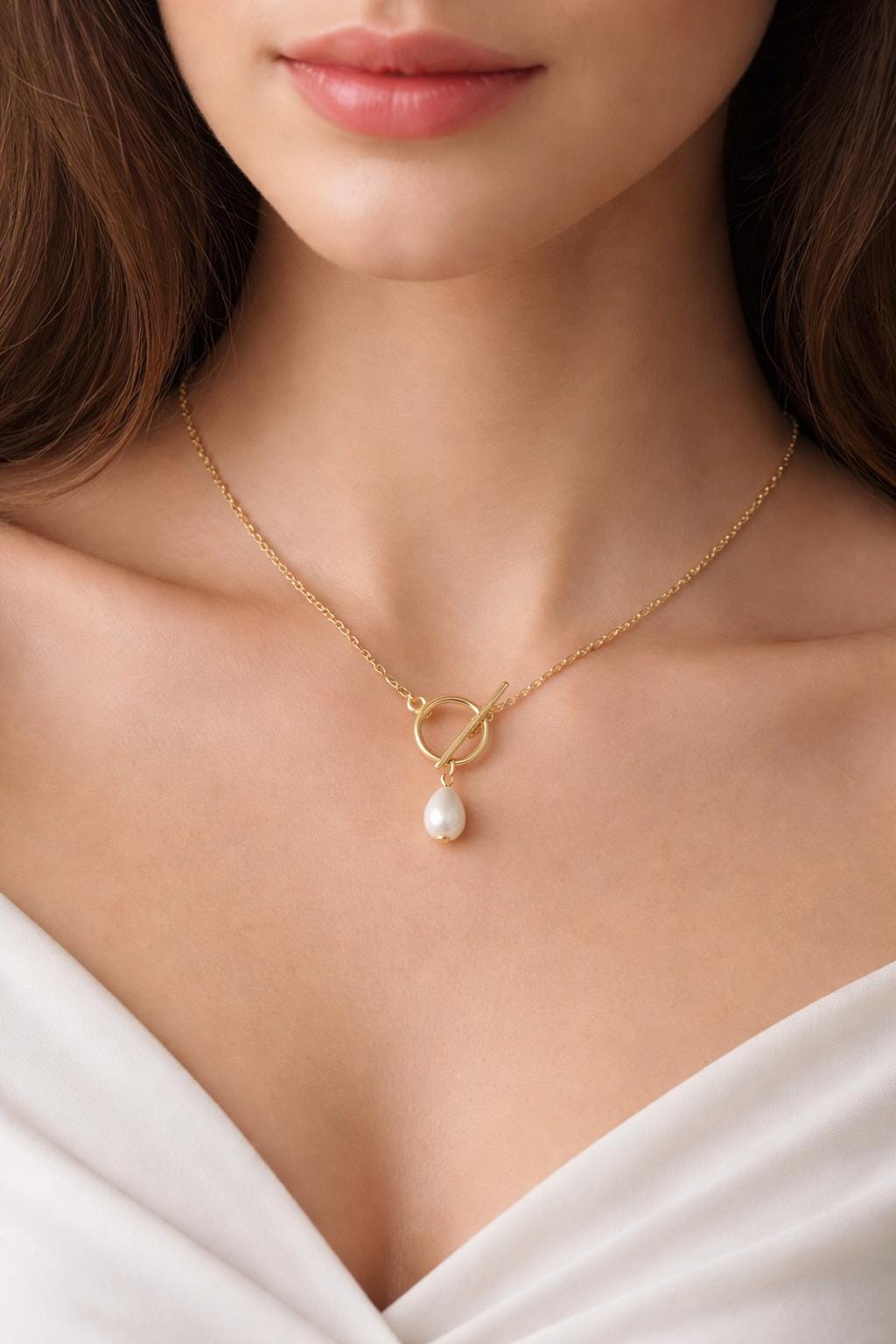 Front Fastening T-bar Toggle Clasp Necklace With a Teardrop Pearl