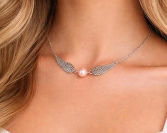 Guardian Angel Wings Necklace, Handmade to Order, Choose from 50 pearl colours, Letterbox Gift for Her