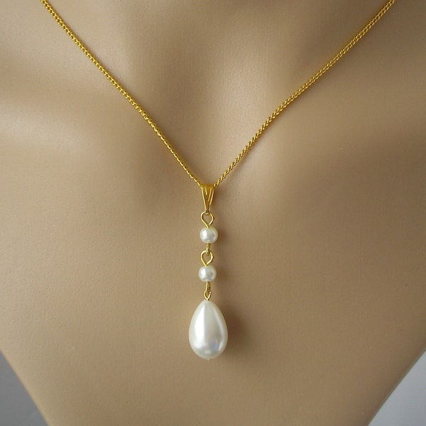 Long Drop Necklace, Teardrop Pearl Necklace for Women Girls Brides Bridesmaids, Pearl Drop Necklace on Silver or Gold plated chain