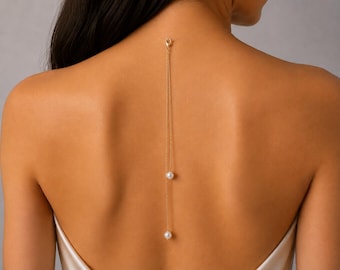 Pearl Backdrop Attachment for a Necklace, Simple Dainty Pearls on Silver Gold or Rose Gold plated Back Chain for Wedding Prom Cocktail Dress