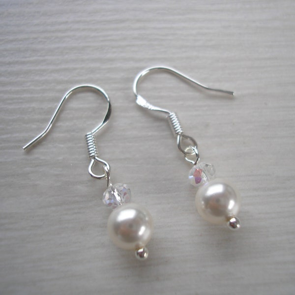 Simple Dainty Pearl Earrings on 925 Sterling Silver Hooks, Minimalist Earrings made with top quality Austrian Crystal Pearls for Brides Prom