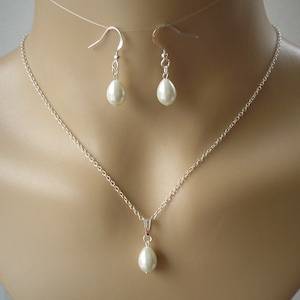 Dainty Ivory or White Teardrop Pearl Necklace and Drop Dangle Earrings, Necklace and Earrings Jewellery Set for Women Brides Weddings Proms