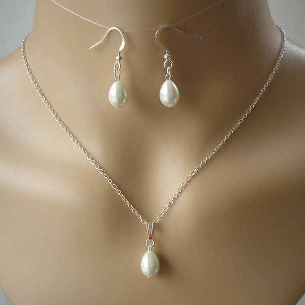 Dainty Ivory or White Teardrop Pearl Necklace and Drop Dangle Earrings, Necklace and Earrings Jewellery Set for Women Brides Weddings Proms