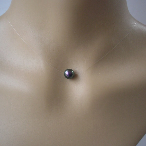 Iridescent Purple Pearl Necklace, Simple Single Floating Illusion Choker, Purple Minimalist Necklace for Women Brides Bridal Wedding Party