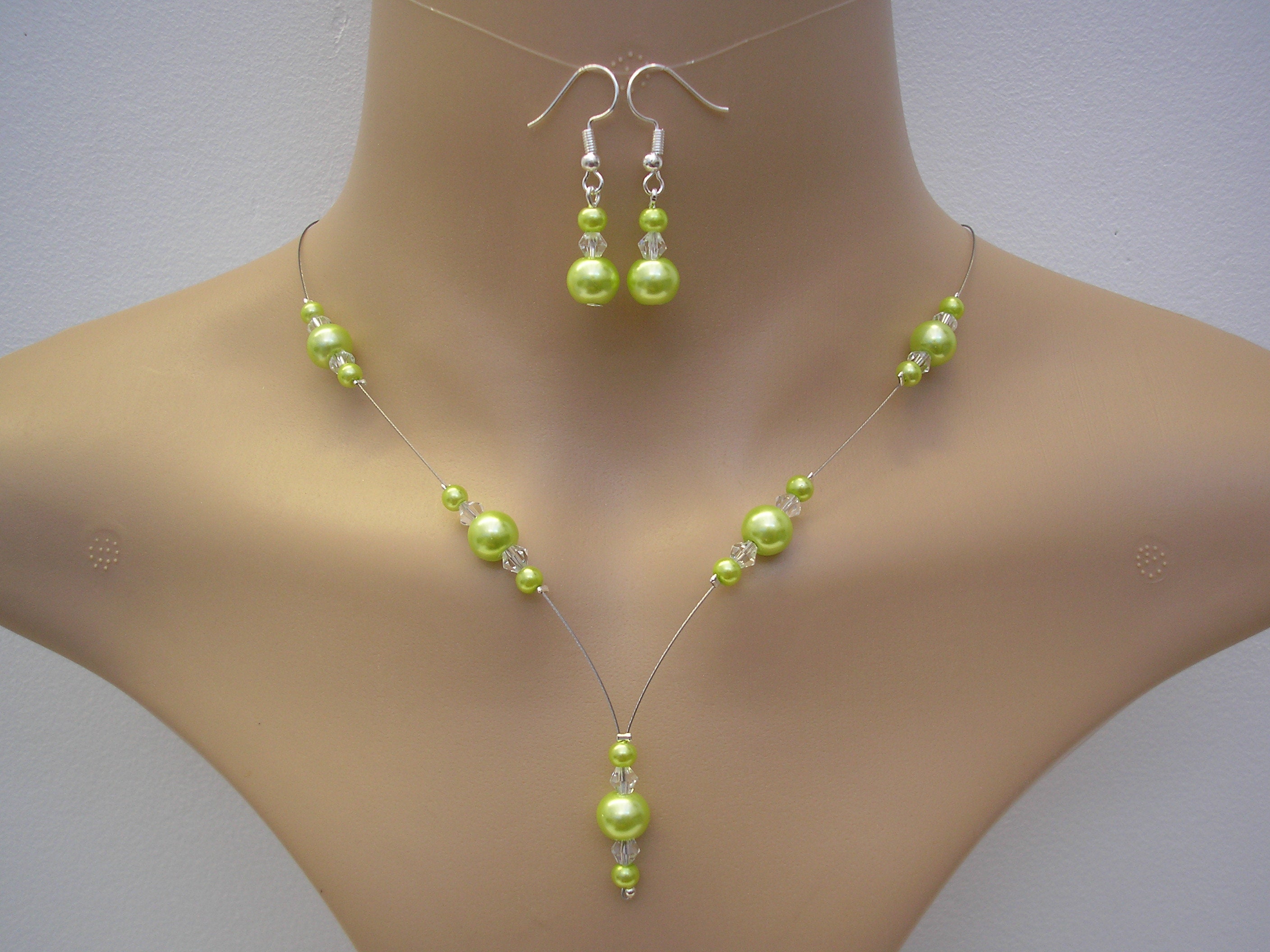 Lime Green Pearl and Crystal Drop Necklace and Earrings Jewellery Set for Women and Girls