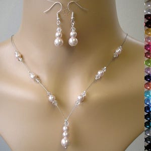 Dainty Pearl Drop Necklace on Silver Wire with Matching Long Drop Dangle Earrings, Handmade in any colour