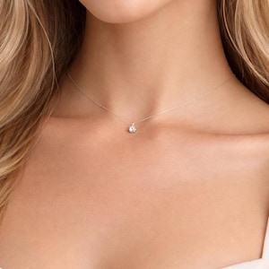 Tiny Crystal Necklace, Little Single Crystal on Transparent Cord, Floating Illusion Choker Handmade with a Top Quality Imitation Diamond