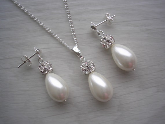 Pearl and Diamante Wedding Jewellery Set Sterling Silver Teardrop Pearl  Diamond Pendant Bridal Jewelry Set Necklace Earrings Bridesmaid Gift - Etsy