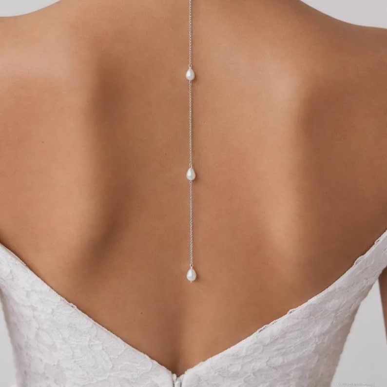 Very Dainty Teardrop Pearl Clip On Backdrop Attachment for a Necklace, Bridal Backdrop for Low Back or Backless Dress image 3