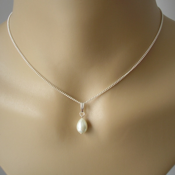 Simple Dainty Pearl Drop Necklace for Women Girls Brides Bridesmaids Wedding Prom, Ivory or White Teardrop on a Silver or Gold plated chain