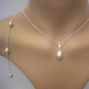 Teardrop Pearl Backdrop Necklace for Brides Low Back Dress, Ivory Cream Pearls on Silver plated chain
