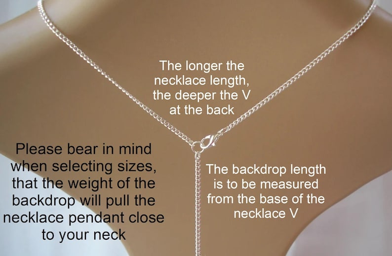 May include: A silver necklace with a V-shaped design, shown against a neutral background. Text explains how the necklace length affects the V shape and how to measure the backdrop length. The text also mentions the weight of the backdrop.