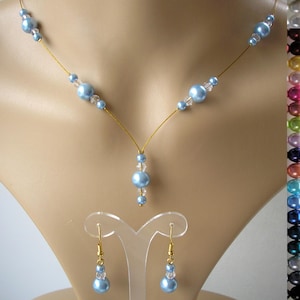 Dainty Pearl Drop Necklace on Gold Wire with Matching Long Drop Dangle Earrings, Handmade in any colour faux pearl