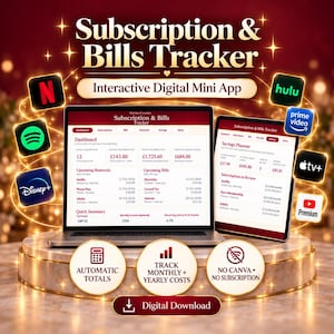 Puede incluir: Una mini aplicación digital de seguimiento de suscripciones y facturas mostrada en una computadora portátil y una tableta. La interfaz muestra paneles para costos recurrentes, ahorros y renovaciones, rodeada de iconos de servicios.