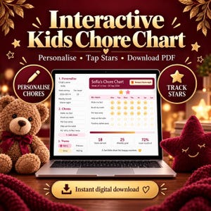 May include: A laptop displaying an interactive kids chore chart with fields for personalising chores, tracking stars, and setting rewards. The screen shows Sofia's chore chart with a weekly goal and progress bar. A teddy bear and star plush sit nearby.