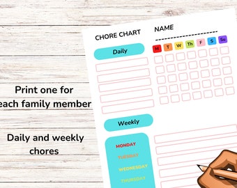 May include: A printable chore chart with a blank space for a name at the top. The chart is divided into two sections: Daily and Weekly. The Daily section has a grid for each day of the week, and the Weekly section has a list of days of the week. The chart is designed to help people keep track of their chores.