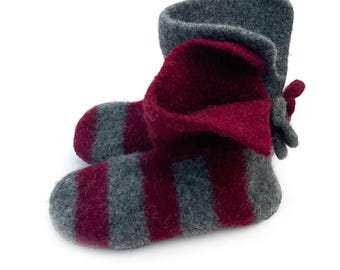 Gemütliche und warme Filz-Hausschuhe mit Ledersohlen für Damen Gr. 38 mit Ledersohlen, Model "Ringelboots"