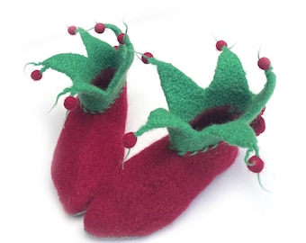 Gemütliche und warme Filz-Hausschuhe mit Ledersohlen für Damen Gr. 37 mit Ledersohlen, Model "Weihnachtswichtel"