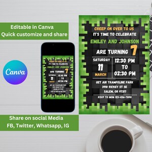 Sibling Double Twin Mine Pixel Crafter Gamer Birthday Invitation Template Editable in Canva Printable Mobile invite evite Instant Download