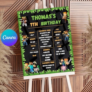 Tablero de hitos con tema de mina editable Plantilla de cumpleaños Póster Banner Imprimible / Canva Pizarra con tema de mina Descarga instantánea 1er cumpleaños