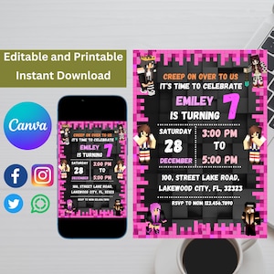 PINK Mine Pixel Crafter Gamer Birthday Invitation Template Editable in Canva| Printable Mobile invite evite Instant Download for girls