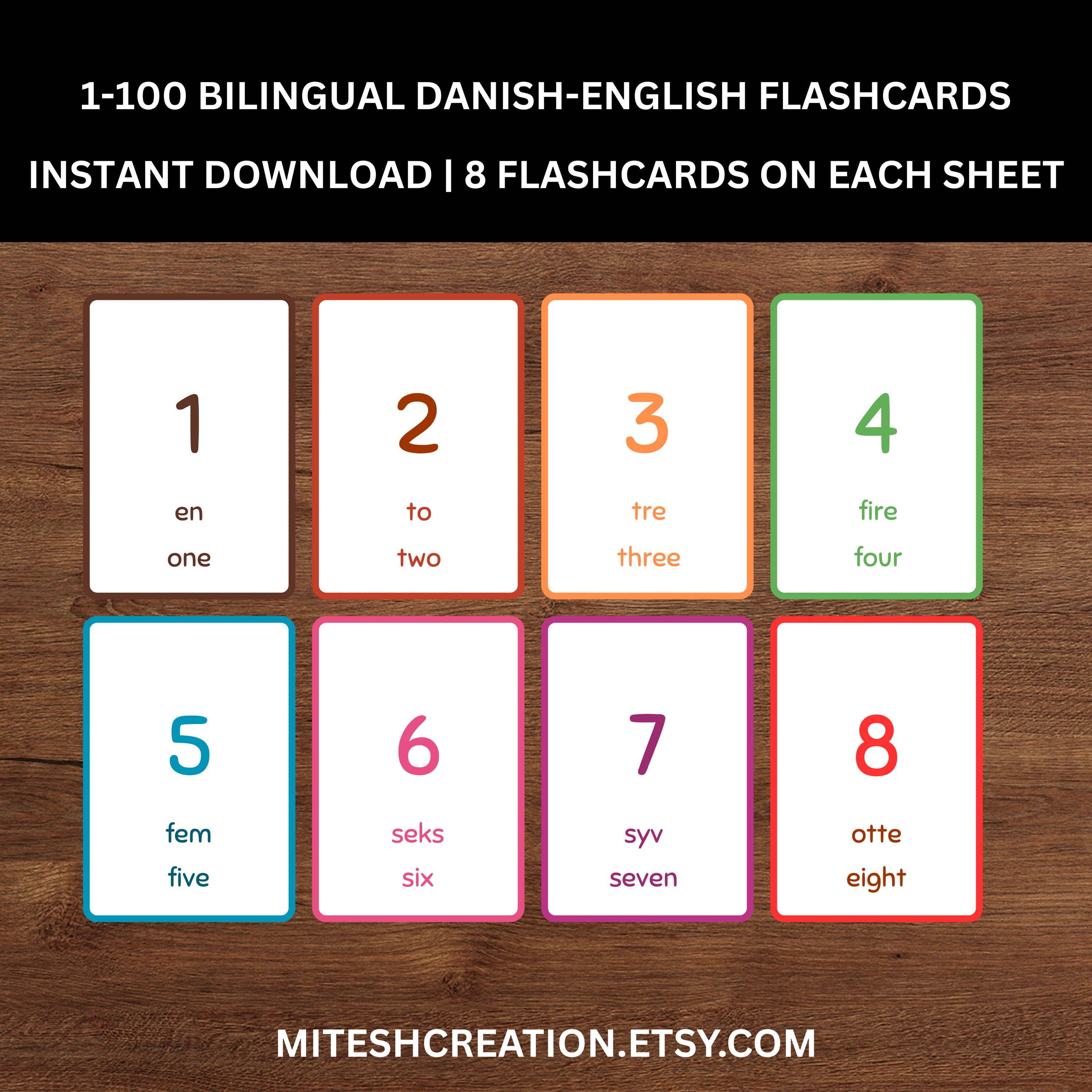 Bilingual Danish Numbers Flashcards (1-10, 1-20, 1-100) Instant ...