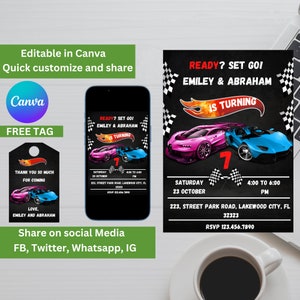Double hot car and Wheels twins Birthday Invitation for Siblings Template Printable with Tag| Mobile car racing wheels birthday| Bday card