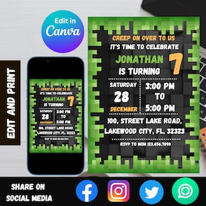 Mine Pixel Crafter Gamer Birthday Invitation Template Editable in Canva| Printable Mobile invite evite Instant Download for Kids Boys