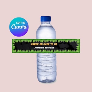 Mine Theme Craft Pixelated Water Bottle Label DIY using Canva (Digital Download)
