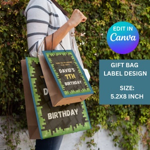 Mine birthday Party Favor Bag label crafter template | Canva Printable Mine theme party gift bag label design instant edit and download