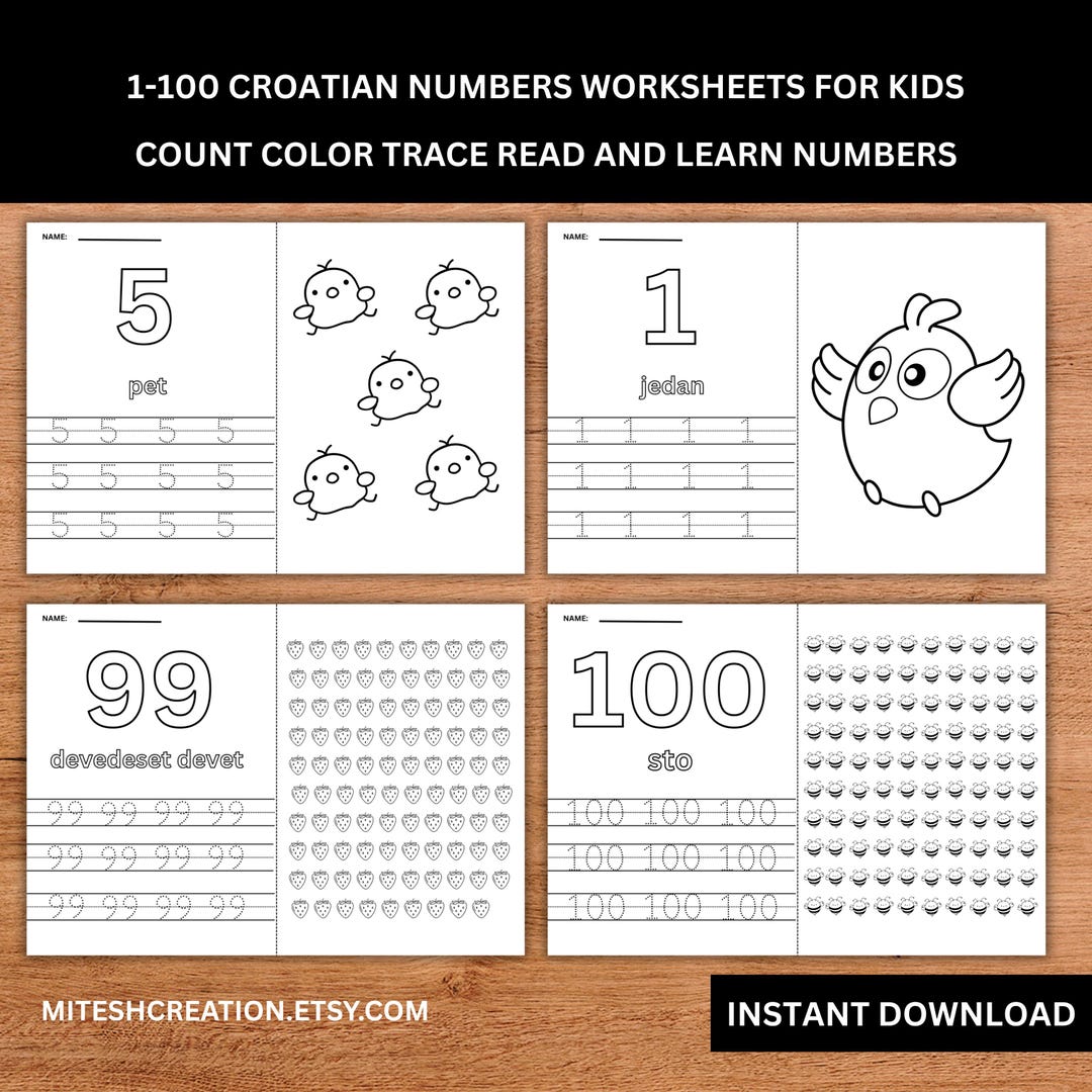 Croatian Numbers Worksheets (1-10, 1-20, 1-100) for Kids Write Color ...