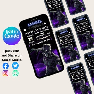 Panther Birthday Invitation Black mobile phone evite Template, Birthday Party Invitations, Digital Kids Party Invite, Boys & Girls Bday Card
