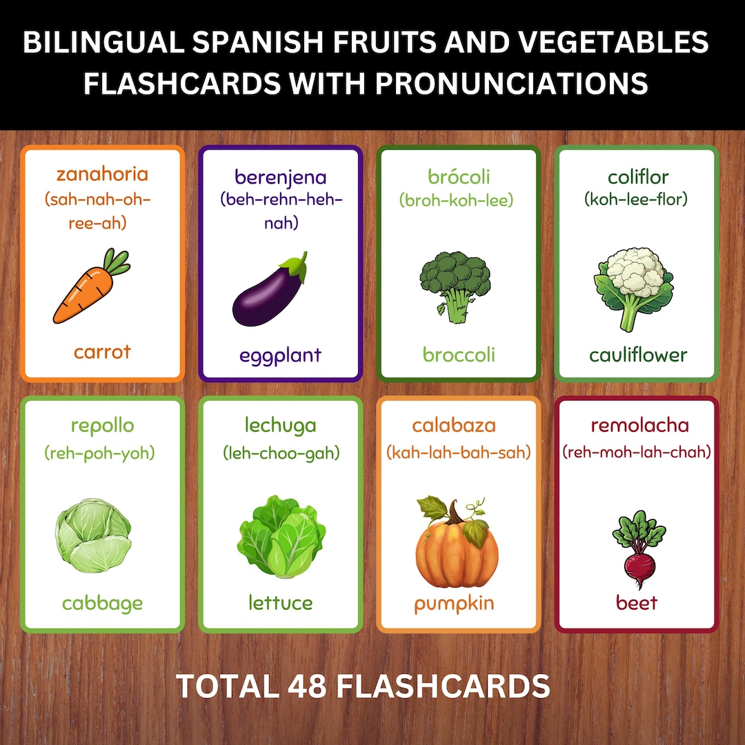 Bilingual Spanish Fruits and Vegetables Flashcards With English ...