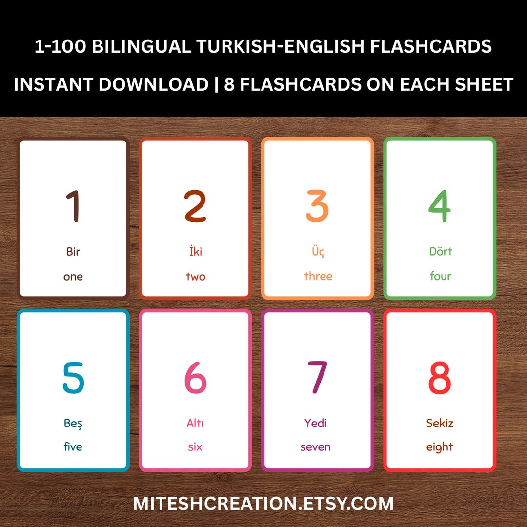 Number In Turkey Bilingual Turkish Numbers Flashcards (1-10, 1-20, 1-100) Instant ...
