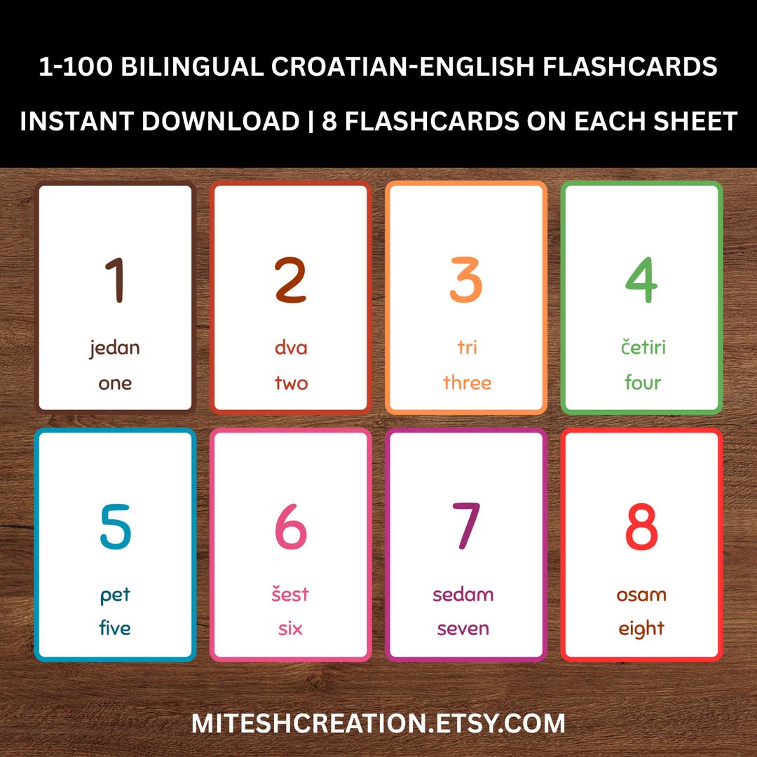 Bilingual Croatian Numbers Flashcards (1-10, 1-20, 1-100) Instant ...