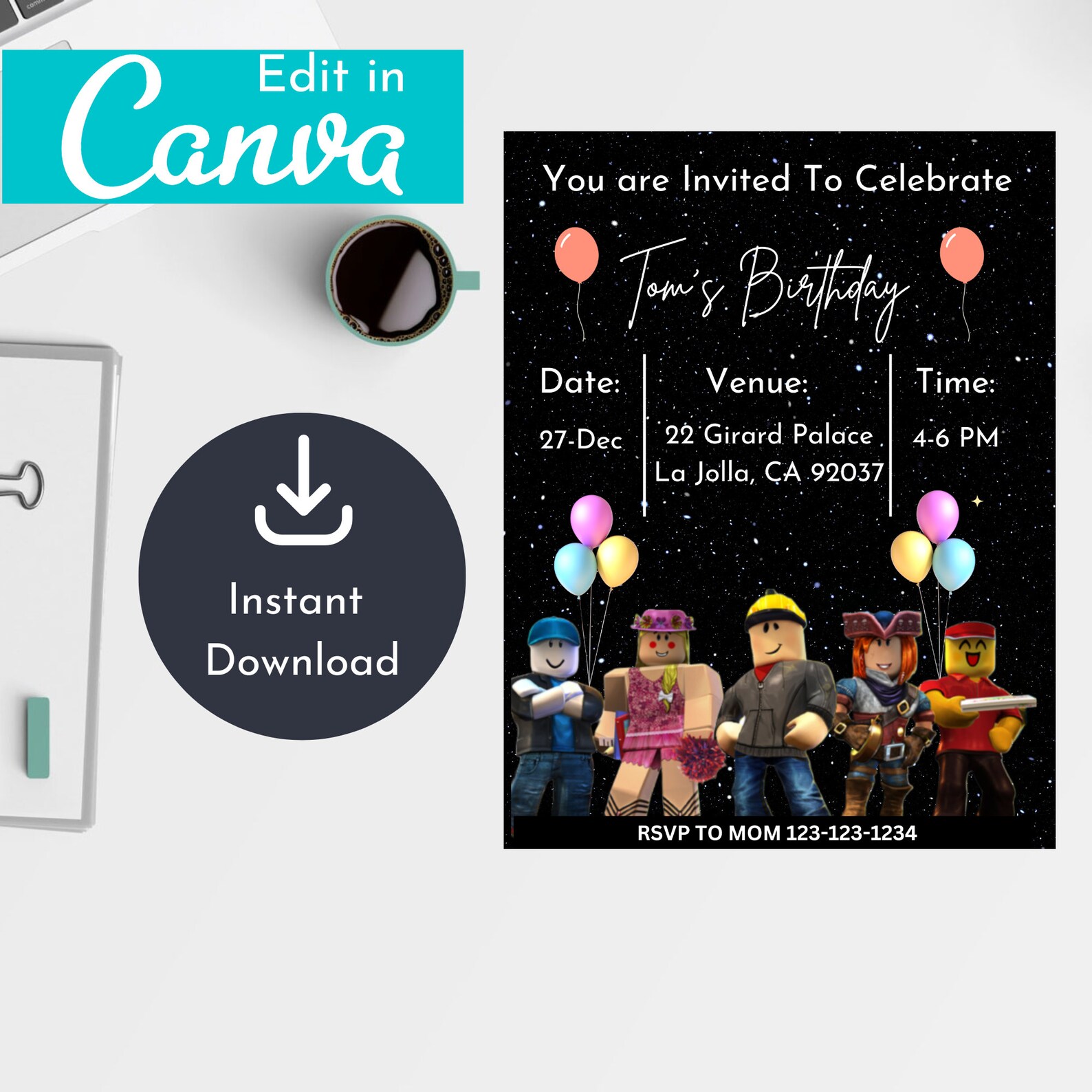 Editable Roblox Birthday Invitation Templates Canva Printable - Etsy