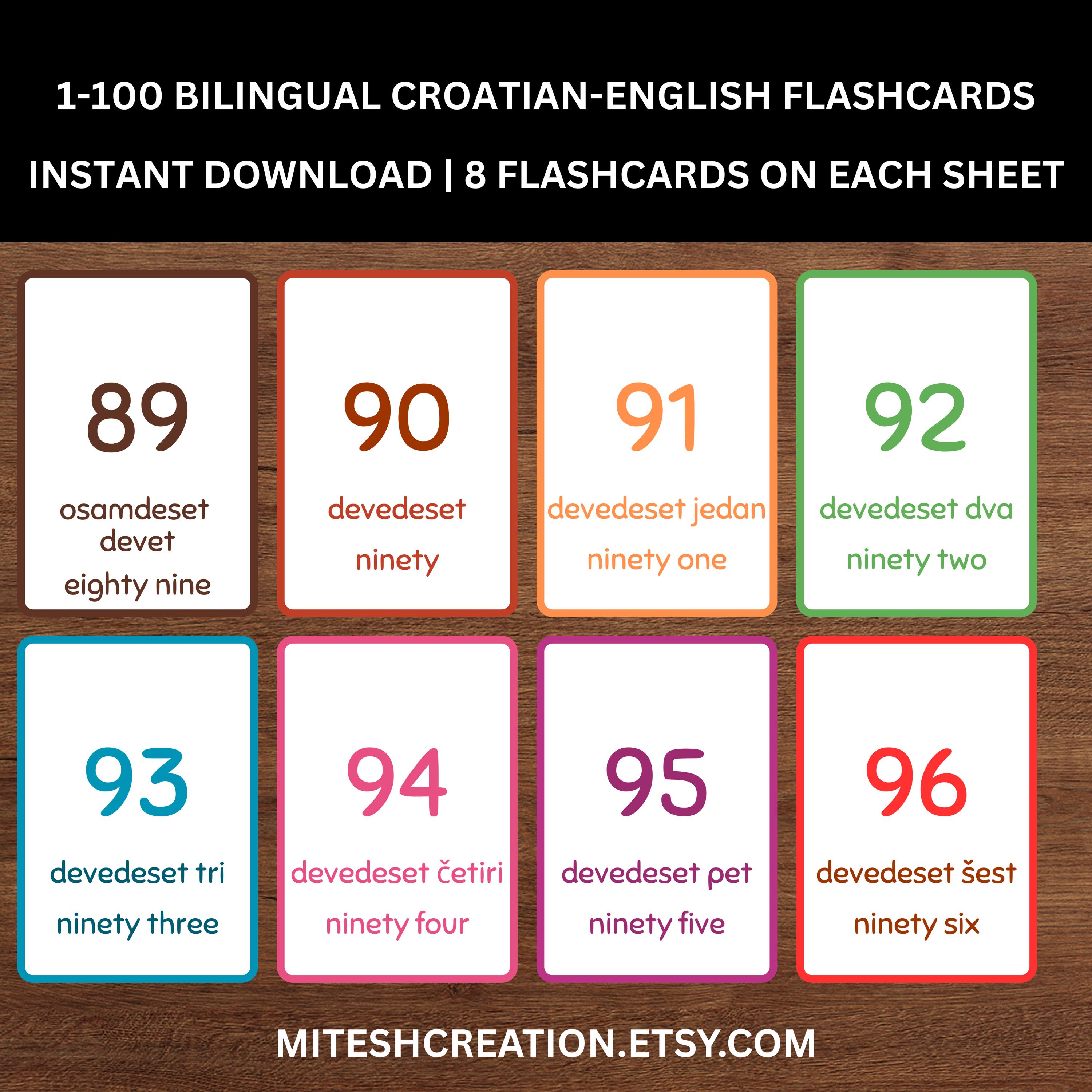 Bilingual Croatian Numbers Flashcards (1-10, 1-20, 1-100) Instant ...