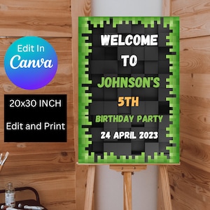 20x30 Inch Editable mine theme welcome Birthday Poster BannerTemplate printable|Canva mine theme crafter welcome sign board Instant Download