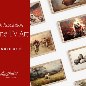 May include: A set of six framed art prints with a football theme. The prints depict footballs, a bulldog, and football players in action. The frames are a light wood colour, and the overall aesthetic is vintage and artistic. Text on the image reads "High Resolution Frame TV Art" and "Bundle of 6".