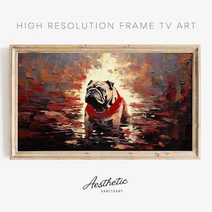 May include: A framed painting of a bulldog standing in a body of water with a red scarf around its neck. The water is a dark red color and the background is a blurry sunset.