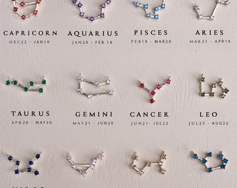 May include: Twelve zodiac constellation pendants, each with a unique design and gemstone colour. Each pendant is labelled with the zodiac sign and dates. The pendants are displayed on a light-coloured surface.